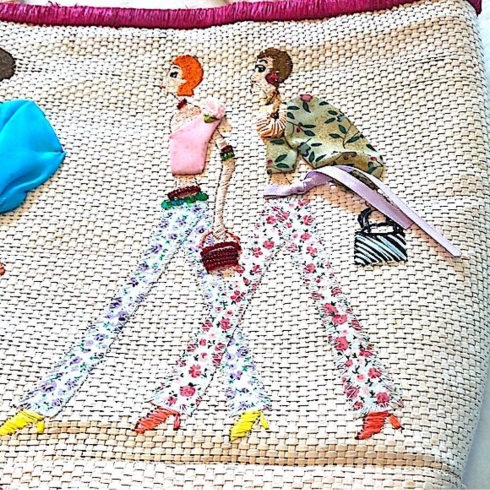 Vintage Fashionista Ladies Embellished Embroidered Appliqué Straw Bag - Picture 4 of 16